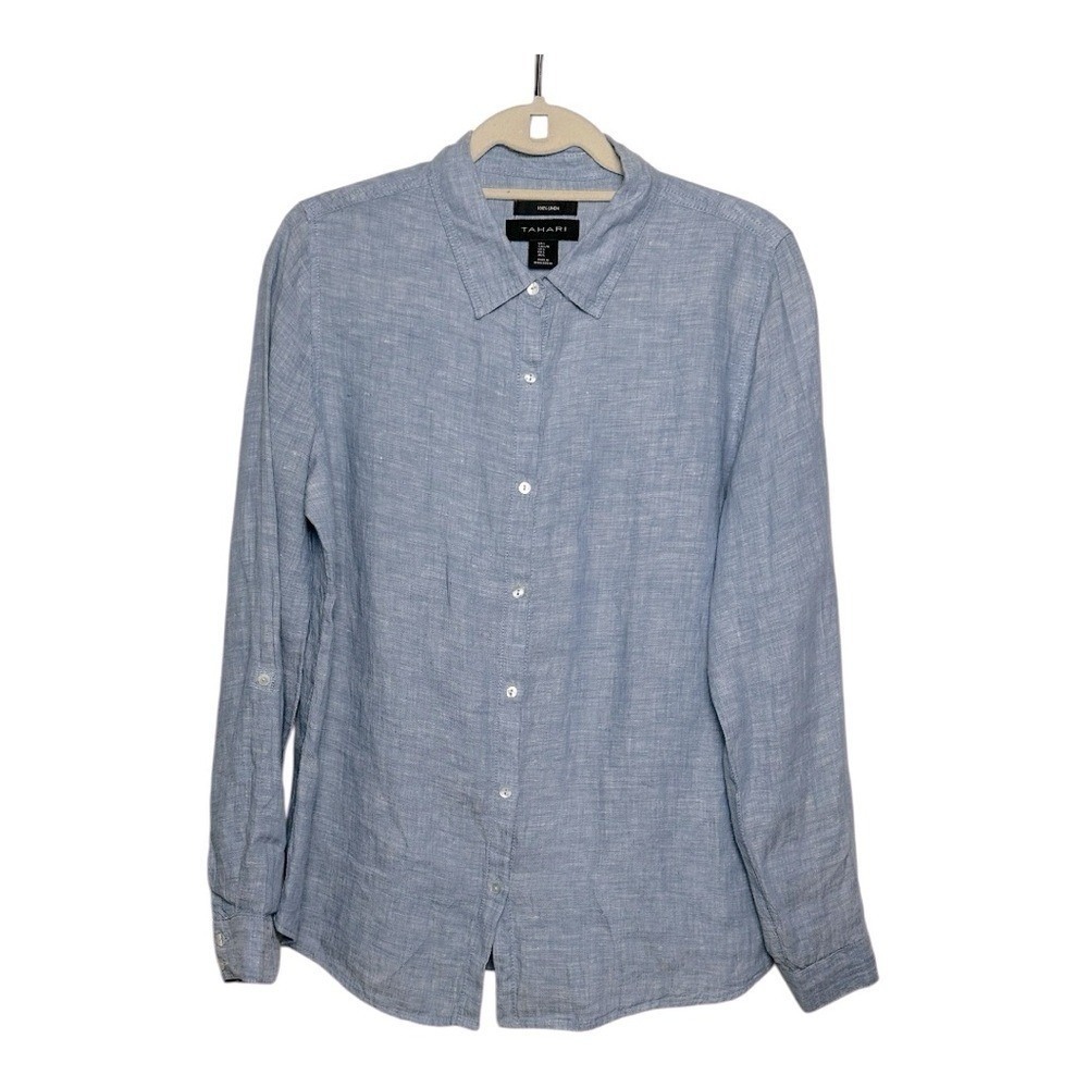 Tahari Women's 100% Linen Casual Button Down Shirt Size Large